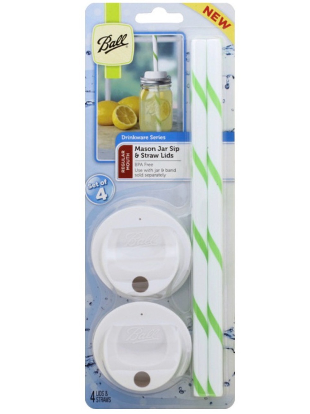 Ball Mason Jar Sip & Straw Lids - Set of 4x (White with Green Striped Straws)